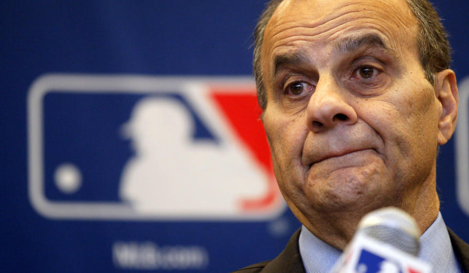 Joe Torre, executive vice president for baseball operations for Major League Baseball, listens to reporters question about instant replay during a news conference after meeting with baseball owners, Thursday, Nov. 15, 2012, in Chicago. (AP Photo/Charles Rex Arbogast)