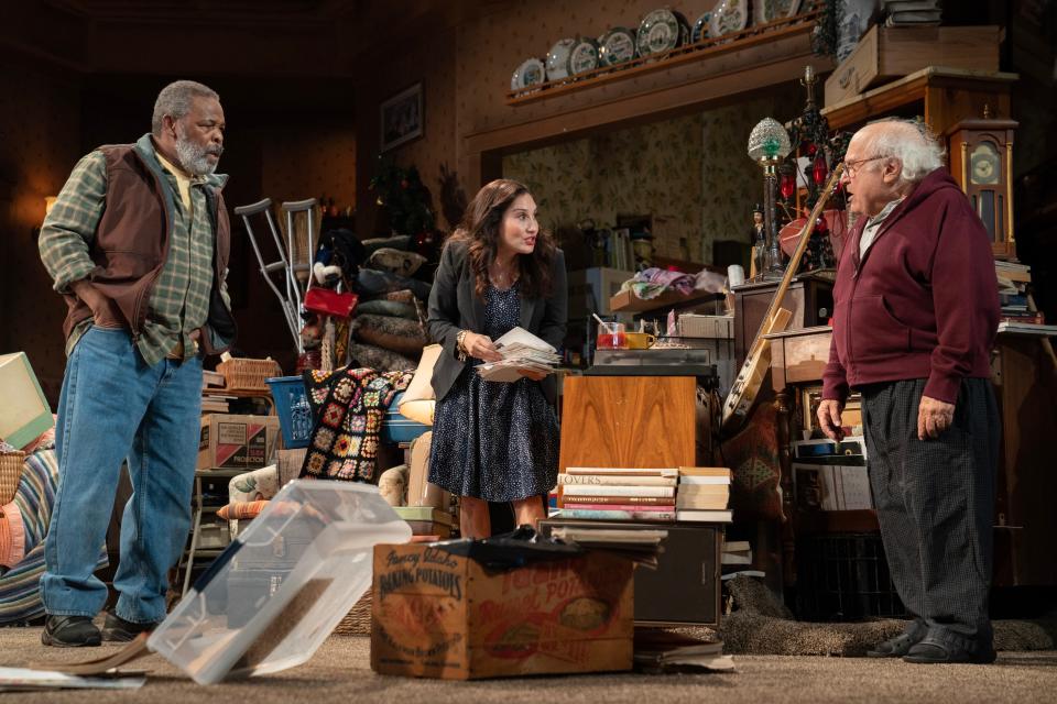 From left to right, Ray Anthony Thomas (cast as Foster), Lucy DeVito (Amelia) and Danny DeVito (Sam) appear in Roundabout Theatre Company’s world-premiere production of "I Need That" by part-time Vermont resident Theresa Rebeck.