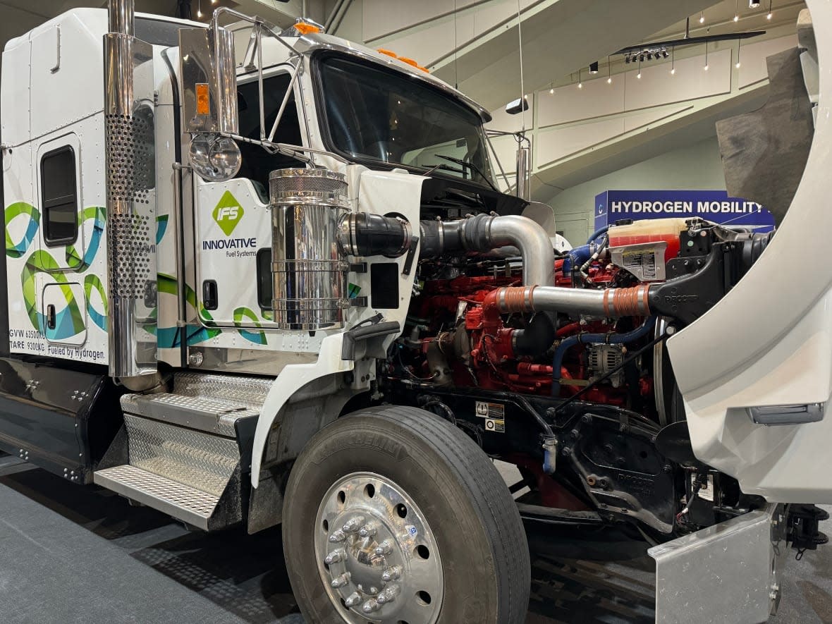 A hydrogen-fuelled truck sits on the exhibition floor at the Canadian Hydrogen Convention this week. (Madeline Smith/CBC - image credit)