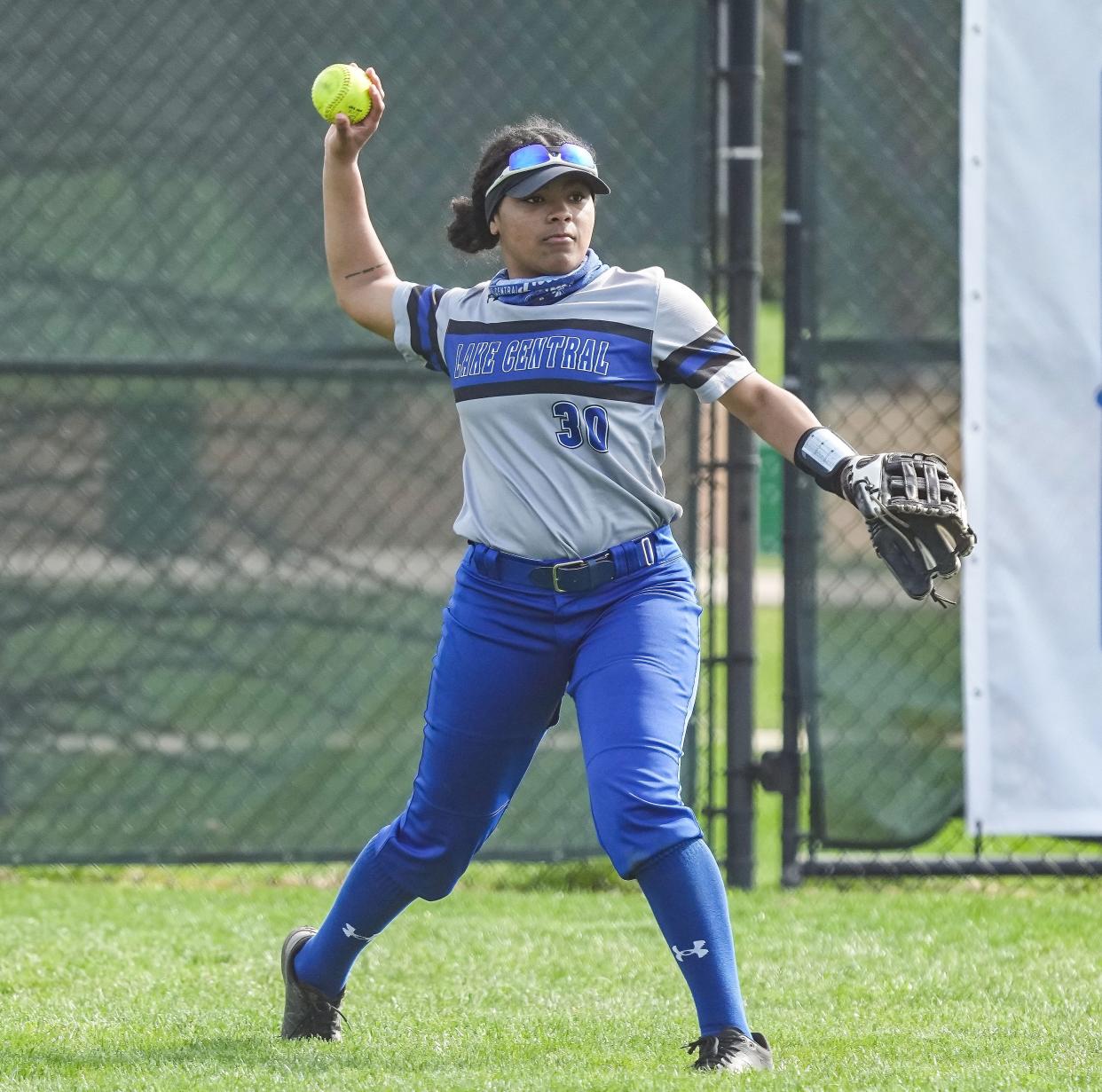 Lake Central Jolie Adams (30) competes during the Carmel Softball Invitational on Saturday, April 23, 2022, at Cherry Tree Softball Complex in Carmel. 