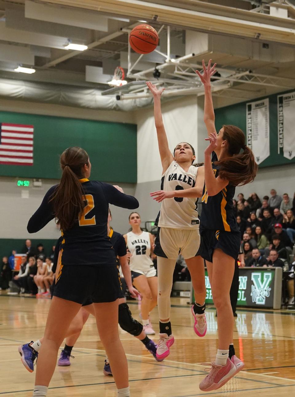 Putnam Valley's Nai Torres (3) puts up a shot in the NYSPHSAA Class B girls basketball regional semifinal game against Highlands at Yorktown High School in Yorktown Heights on Tuesday, March 5, 2024.