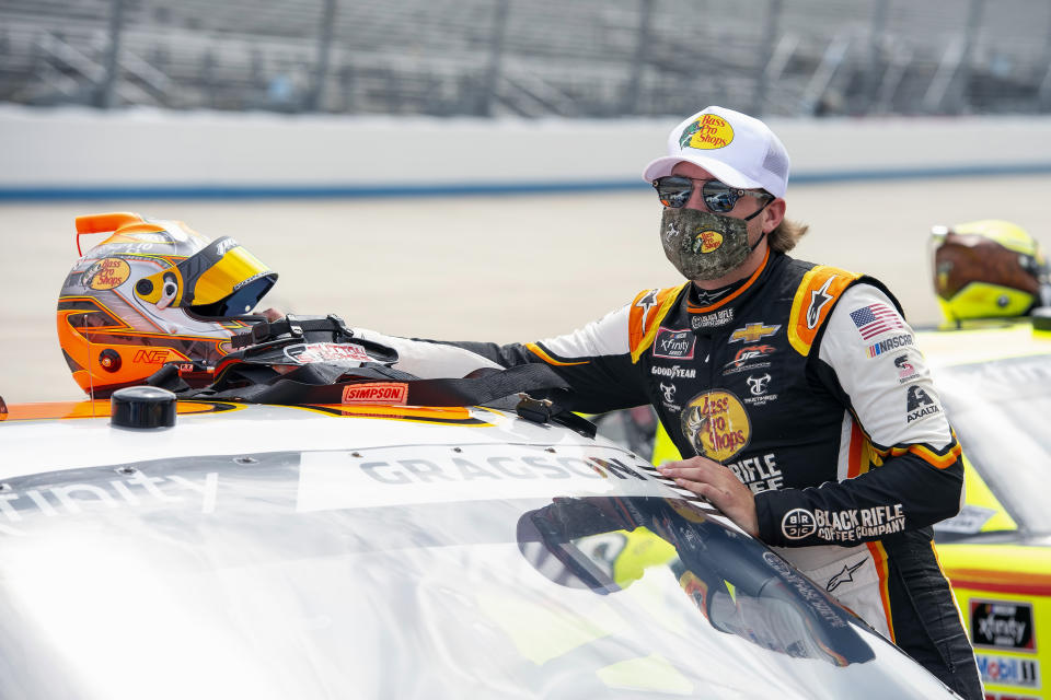 FILE - In this Aug. 22, 2020, file photo, Noah Gragson prepares for the NASCAR Xfinity Series race at Dover International Speedway in Dover, Del. Gragson returns to home track Las Vegas Motor Speedway for Saturday’s Xfinity Series race embroiled in controversy following last week’s wreck at Homestead-Miami Speedway. (AP Photo/Jason Minto)