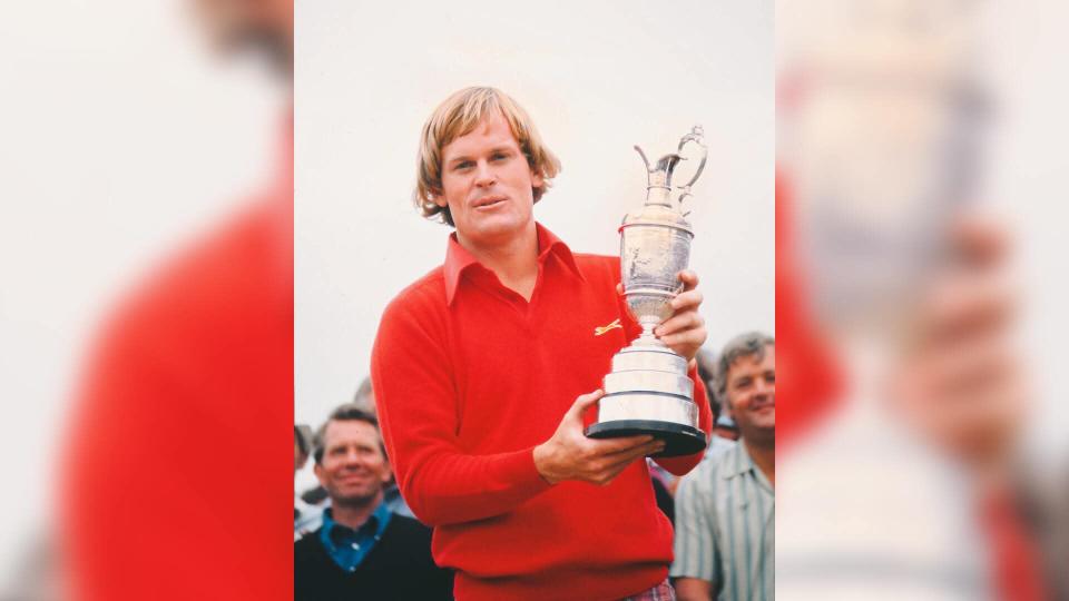 Golf - The Open Championship Johnny Miller (USA) celebrates with the trophy winning the British Open Golf Championships at Royal Birkdale 1976 10/07/1976 1976 Birkdale Open: Final DaySport.