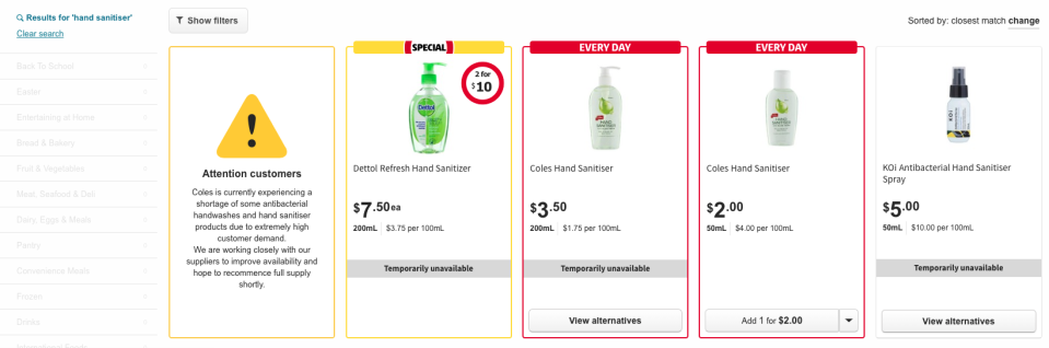 Coles has sold out of several hand sanitiser products. Image: Coles