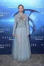 <p>She wowed fans in a sheer pastel blue dress and jumper at the attends the 'Passengers' Paris Photocall at Hotel George V on November 29, 2016 in Paris.</p>