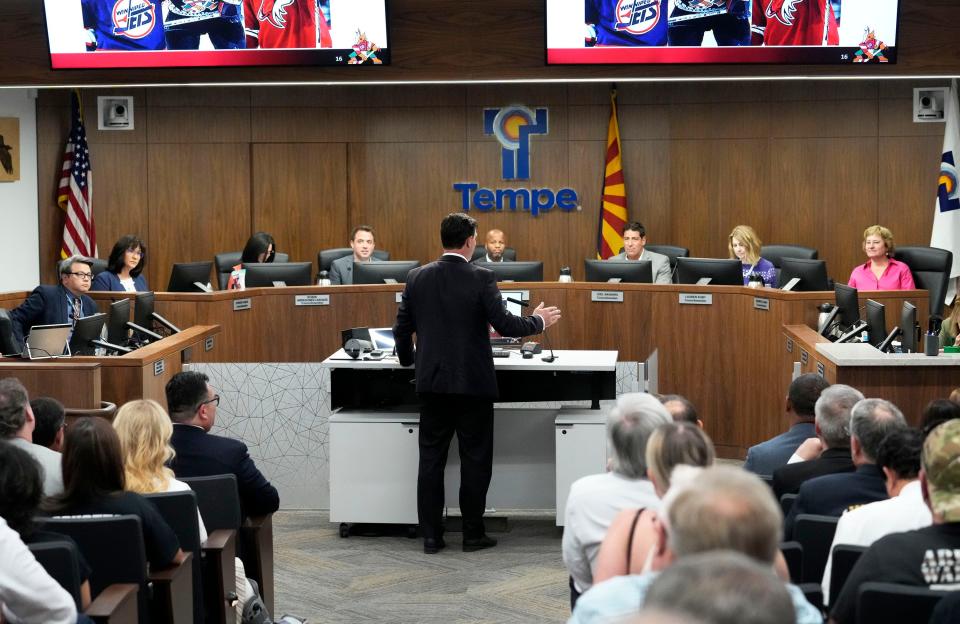 Jun 2, 2022; Tempe, Arizona, USA; Shane Doan, Arizona Coyotes team executive and former captain stands before the Tempe council making his case to start negotiations with the City of Tempe, to build an entertainment district that would include, a new arena for the Coyotes, restaurants, and residential units just east of Sky Harbor International Airport.