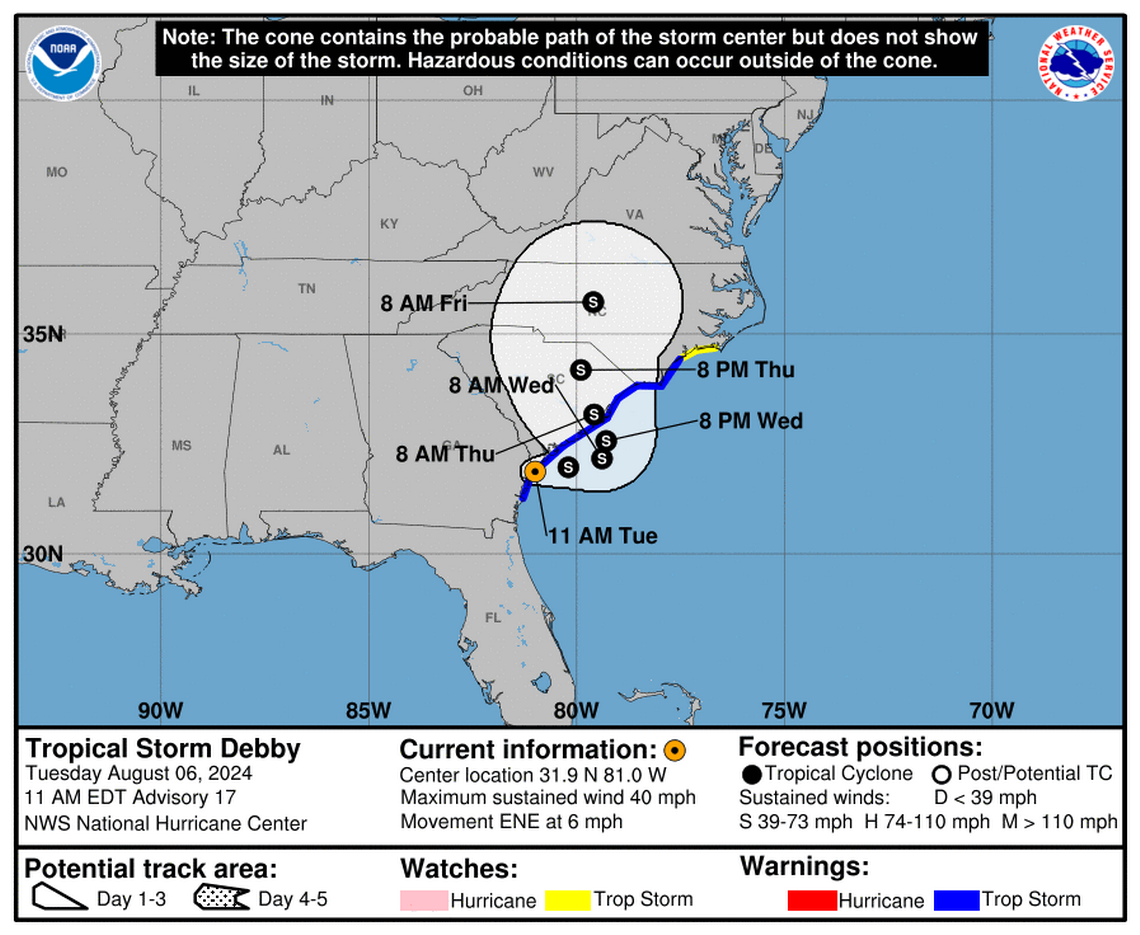 Tropical Storm Debby’s path and progress NHC’s Tuesday, Aug 06 update