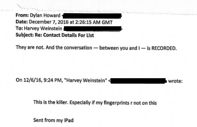 Harvey Weinstein and National Enquirer editor-in-chief Dylan Howard exchanged emails about an interview seeking dirt on Rose McGowan. (Photo: HuffPost)