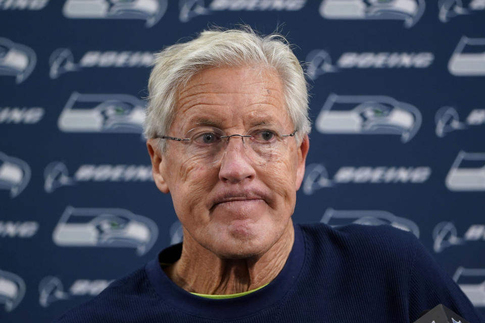 Seattle Seahawks head coach Pete Carroll speaks during a news conference after an NFL football game against the Baltimore Ravens, Sunday, Nov. 5, 2023, in Baltimore. The Ravens won 37-3. (AP Photo/Alex Brandon)