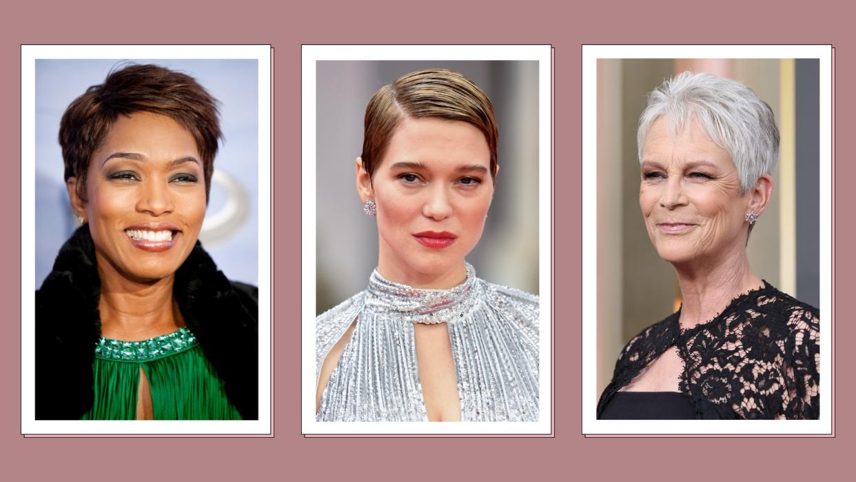  Angela Bassett, Léa Seydoux and Jamie Lee Curtis are pictured with short, pixie haircuts/ in a dark pink three-picture template. 
