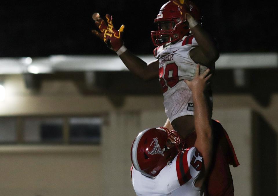 Manny Covey after a touchdown run for his high school team, the Bradford Tornadoes, last September.