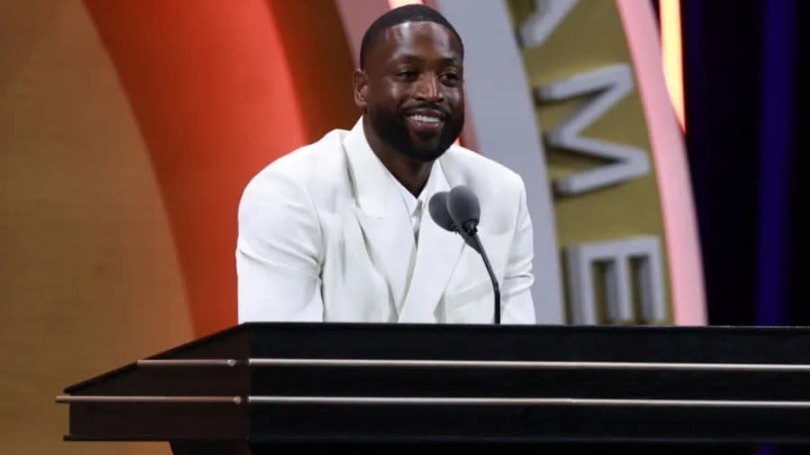 Dwyane Wade said any future role in politics is “just conversations” for now. Here, the former Miami Heat point guard speaks on Aug. 12 at his induction into the Basketball Hall of Fame in Springfield, Massachusetts. (Photo: Mike Lawrie/Getty Images)