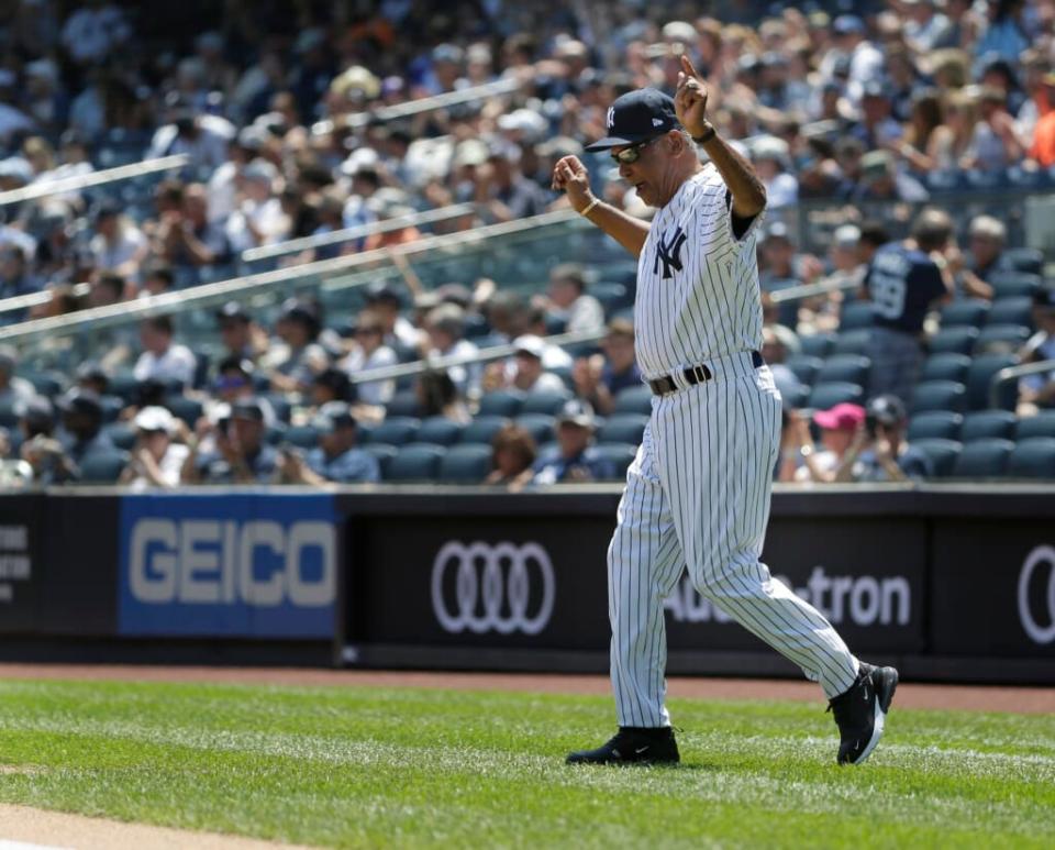 Hector Lopez is introduced during Old Timer’s Day at Yankee Stadium, Sunday, June 23, 2019, in New York. (AP Photo/Seth Wenig)