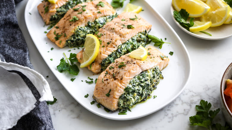 cheesy spinach stuffed salmon fillets