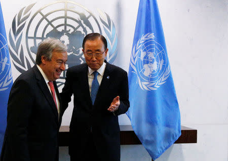 Secretary General-designate Antonio Guterres of Portugal (L) is greeted by U.N. Secretary General Ban Ki-moon at the U.N. headquarters in New York City, U.S. October 13, 2016. REUTERS/Brendan McDermid