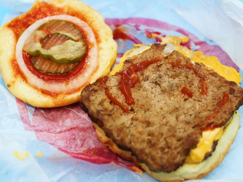 Wendy's Double Stack cheeseburger burger open with toppings out