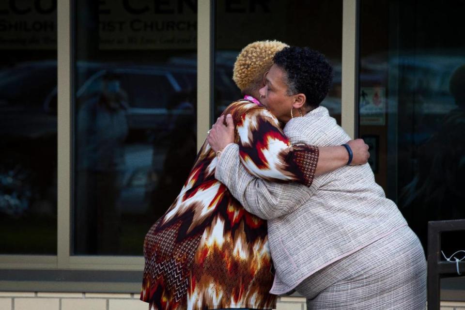 Andrea Washington-Mayberry (right), aunt of Lowell Washington who was killed on April 7, 2021 and grandmother of Mykel Waide who was killed on Aug. 16, 2020, hugs Cheryl Birch, mother of 22-year-old Jermaine Birch who was killed on Sept. 29, 2009, during the drive-in ÒStop the ViolenceÓ rally and symbolic funeral procession at Shiloh Baptist Church in Lexington, Ky., on Tuesday, April 20, 2021.