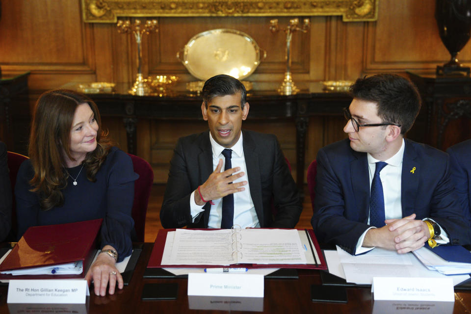 Britain's Prime Minister Rishi Sunak, center, with Education Secretary Gillian Keegan, left, and Edward Isaacs, President of the Union of Jewish Students attend a meeting with universities leaders and representatives from the Union of Jewish Students in Downing Street, London, England, Thursday May 9, 2024. Pro-Palestinian protesters have begun building encampments at universities around the U.K. over the past two weeks as students and academics call on the institutions to cut ties with Israel over its offensive in the Gaza Strip. (Carl Court/Pool via AP)