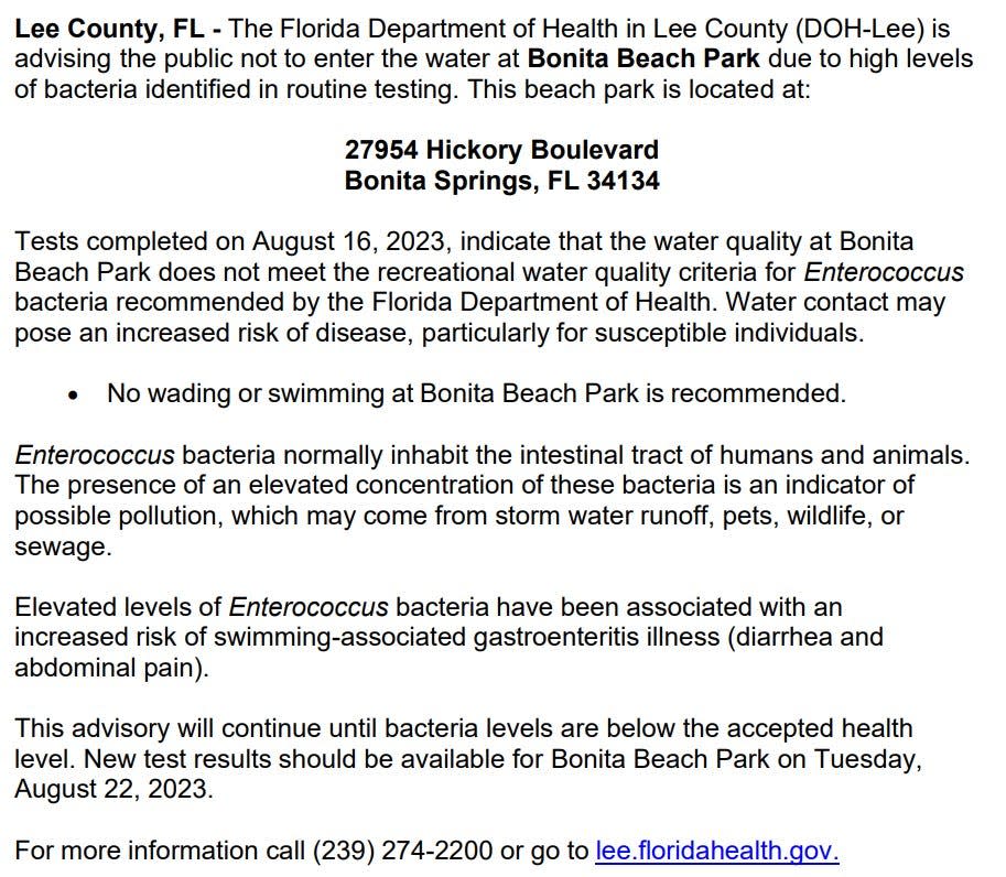 This is part of a press release from the Florida Department of Health in Lee County that's warning residents and visitors about bacteria found at Bonita Beach.