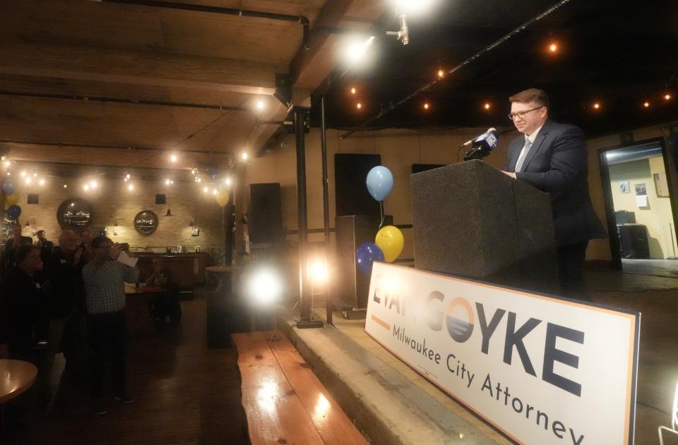 Evan Goyke, candidate for Milwaukee City Attorney, takes a moment as supporters cheer for him following his win over Milwaukee City Attorney Tearman Spencer at Goyke’s election night celebration at Anodyne Coffee Roasting Co., Tuesday, April 2, 2024, located at 224 W. Bruce St., Milwaukee.