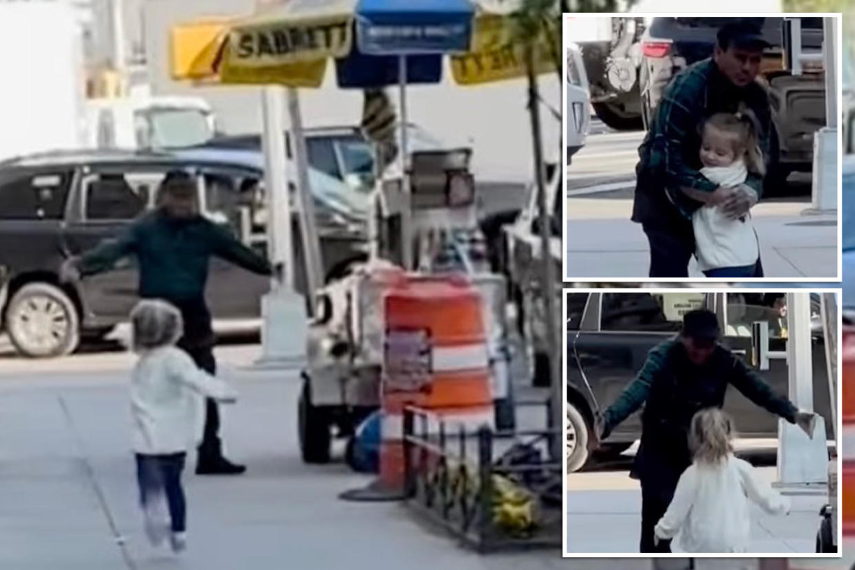 Pretzel vendor and little girl running toward him