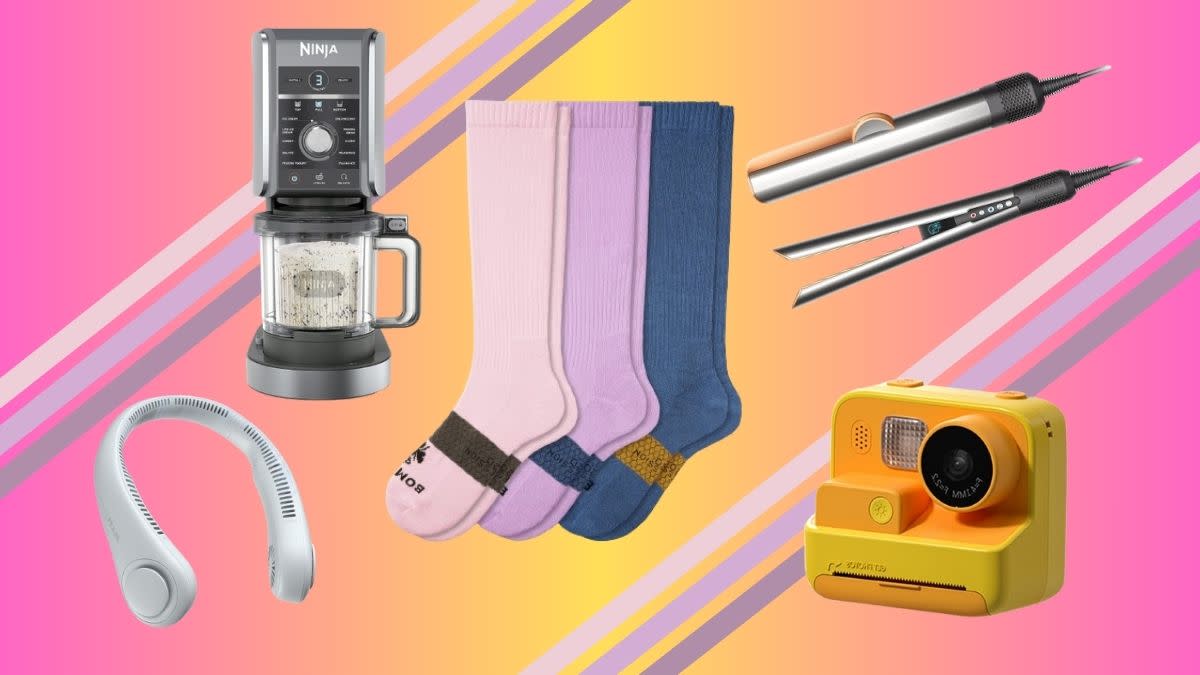 a selection of trending gifts of 2023, including a Ninja Creami ice cream maker, Bombas compression socks, Dyson hair straightener, and yellow instant camera