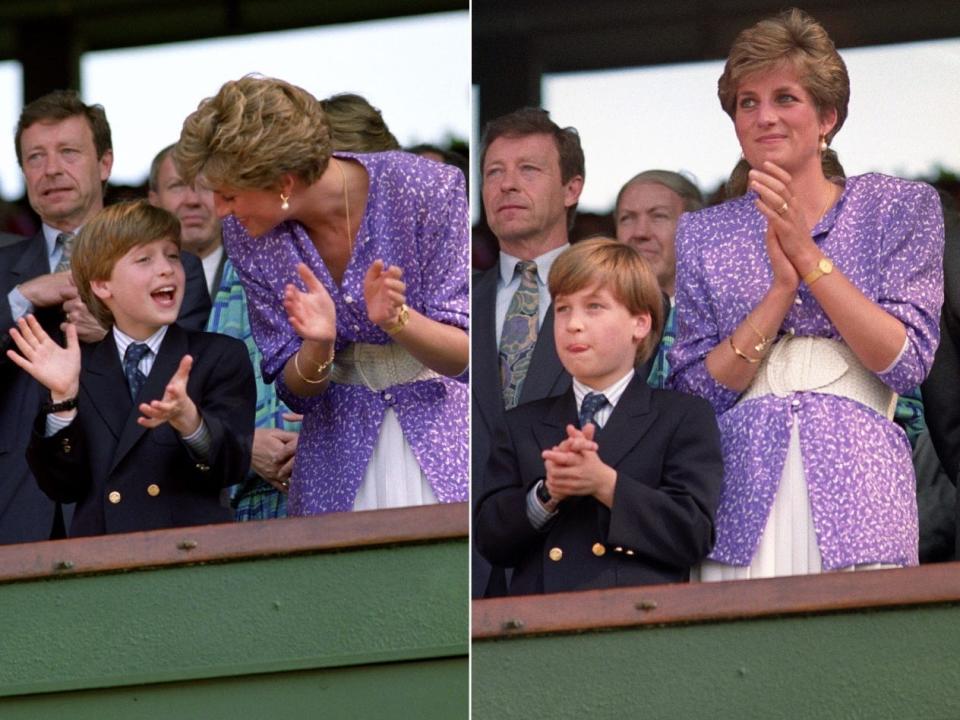 Princess Diana and Prince William stand in the Royal Box at Wimbledon in 1991.