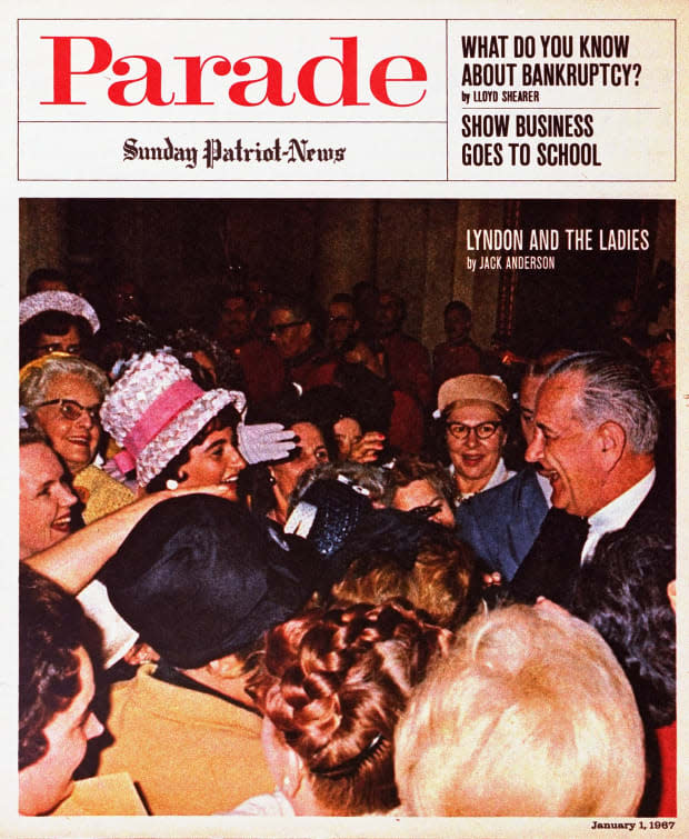 <p>Lyndon B. Johnson is greeted by a gaggle of adoring females on our Jan. 1, 1967, cover.</p>