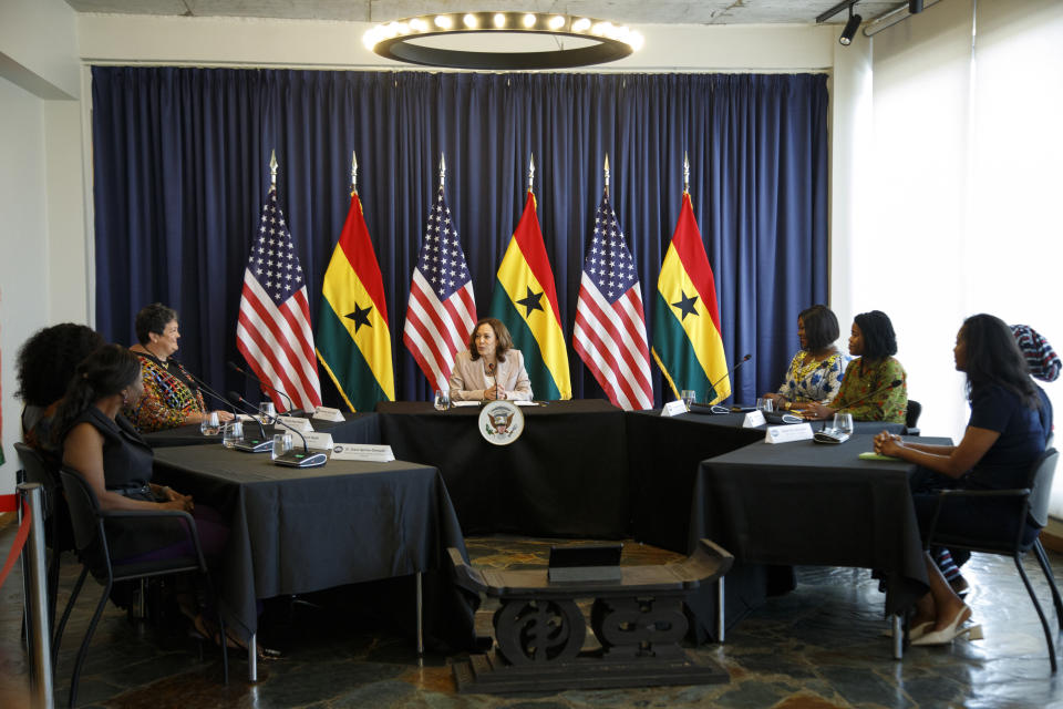 U.S. Vice President Kamala Harris, centre, conducts a roundtable of women entrepreneurs to discuss economic empowerment, inclusion, and leadership in Accra, Ghana, Wednesday March 29, 2023. Harris is on a seven-day African visit that will also take her to Tanzania and Zambia. (AP Photo/Misper Apawu)