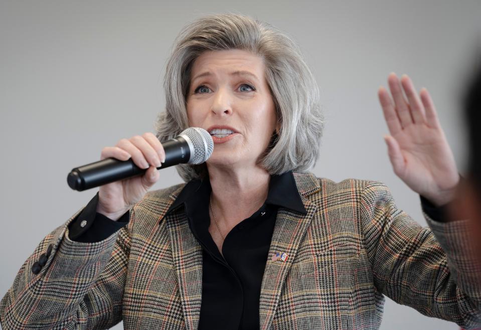 Sen. Joni Ernst, R-Iowa, speaks during a town hall in Boone, Friday, Feb. 23, 2024.