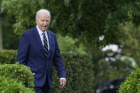 President Joe Biden arrives to speak in the Rose Garden of the White House in Washington, Tuesday, May 14, 2024, announcing plans to impose major new tariffs on electric vehicles, semiconductors, solar equipment and medical supplies imported from China. (AP Photo/Susan Walsh)