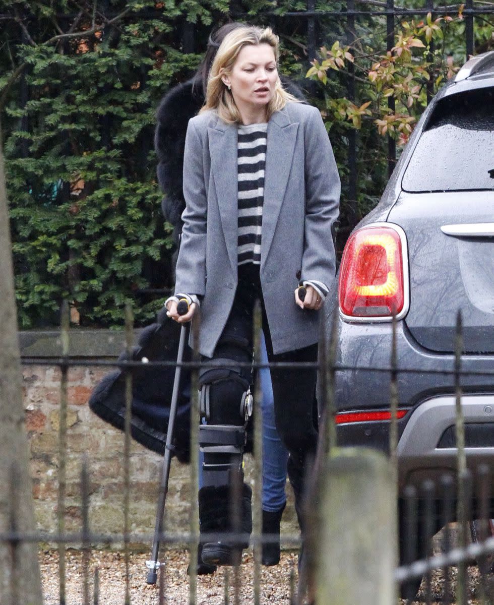 It doesn't look like Kate Moss will be making her way down the catwalk anytime soon. The iconic supermodel was spotted hobbling around London on crutches, with what appears to be a broken leg, on Feb. 20, 2016. Moss was accompanied by her boyfriend Count Nikolai von Bismarck, a 28-year-old photographer.