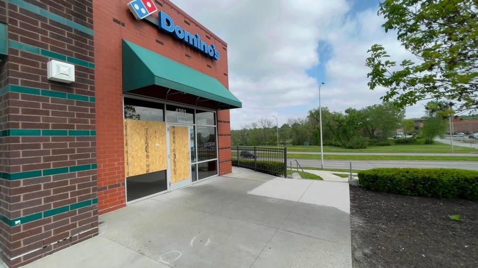 One person was shot to death Wednesday night after an altercation broke out inside the Domino’s Pizza story in the Shops on Blue Parkway shopping center. Three chalk circles police use to outline where evidence is found remained visible Thursday morning on the sidewalk outside the Domino’s. A window and door were boarded up.