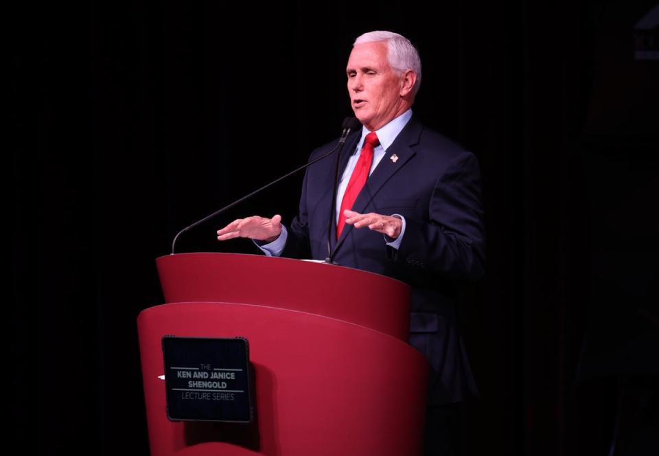 Former US vice president Mike Pence gives a lecture at Stanford University  in California on 17 February 2022 (Justin Sullivan/Getty)
