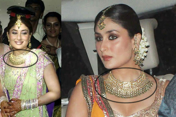 But what many people might have not noticed is that Kareena wore the same jewellery that she wore to her sister Karisma Kapoor's wedding in 2003. Not only that, she chose to wear the same set of earrings too!<br> <p class="MsoNormal"><a href="http://in.omg.yahoo.com/photos/nawab-and-his-begum-flies-to-new-delhi-slideshow/" data-ylk="slk:Saif and his Begum fly to New Delhi;elm:context_link;itc:0;sec:content-canvas;outcm:mb_qualified_link;_E:mb_qualified_link;ct:story;" class="link  yahoo-link">Saif and his Begum fly to New Delhi</a></p>