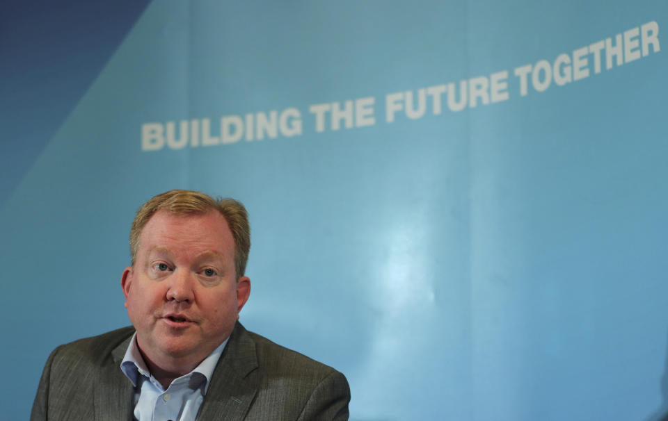 Stan Deal, president and CEO of Boeing Commercial Airplanes, talks at the Boeing press conference a day before Dubai Airshow in Dubai, United Arab Emirates, Saturday, Nov. 16, 2019. The senior Boeing executive says the company knows it has to re-earn the public’s trust as it works to win approval from U.S. regulators to get its grounded 737 Max jets flying again after crashes that killed 346 people.(AP Photo/Kamran Jebreili)