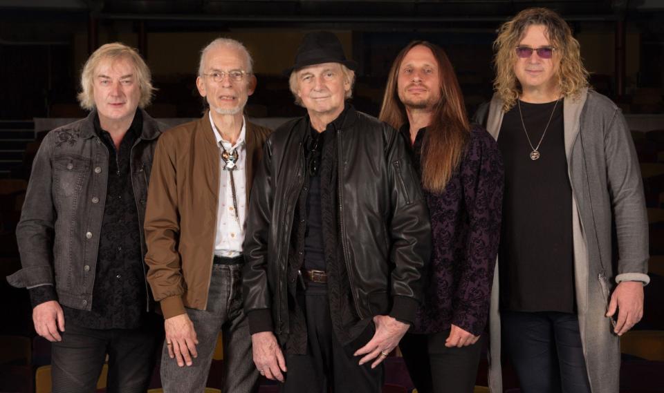 The progressive rock band Yes – Geoff Downes, left, Steve Howe, Alan White, Jon Davison and Billy Sherwood – performs at Taft Theatre on Nov. 6.