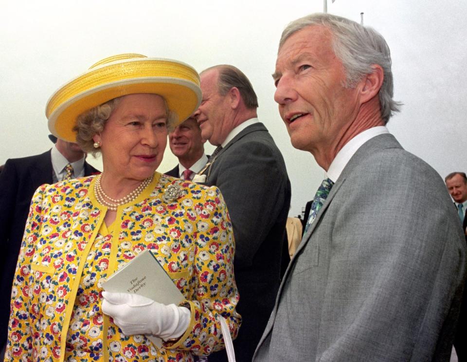 The Queen and Lester Piggott view the ‘Lester Piggott Gates’ at Epsom on Derby day, 1996 (Fiona Hanson/PA) (PA Archive)