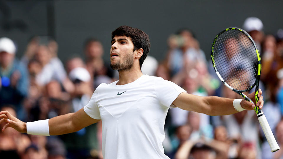 Seen here, Carlos Alcaraz after his quarter-final triumph at Wimbledon. 