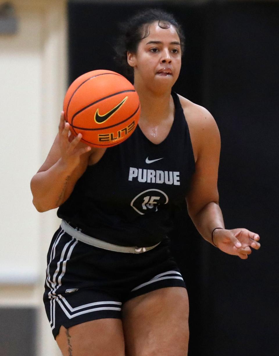 Purdue Boilermakers forward Mila Reynolds (15) drives to the basket during a basketball practice, Thursday, Oct. 5, 2023, at Cardinal Court in West Lafayette, Ind.