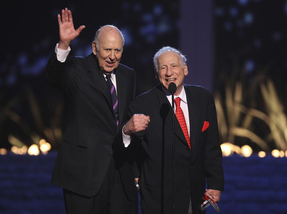 FILE - Carl Reiner,left, and Mel Brooks, accept the Legend Award at the eighth annual TV Land Awards in Los Angeles on April 17, 2010. Brooks released a memoir, "All About Me!: My Remarkable Life in Show Business." (AP Photo/Spencer Weiner, File)