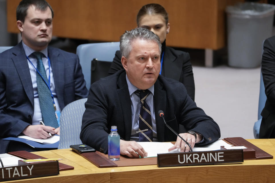 FILE - Sergiy Kyslytsya, Ambassador and Permanent Representative of Ukraine to the United Nations, speaks during a Security Council meeting on the maintenance of peace and security of Ukraine, Monday, Feb. 6, 2023, at United Nations headquarters. Kyslytsya called for the U.N. Security Council meeting following Russian President Vladimir Putin’s announcement on March 25 that his country plans to deploy tactical, comparatively short-range and small-yield nuclear weapons in Belarus. (AP Photo/John Minchillo, File)