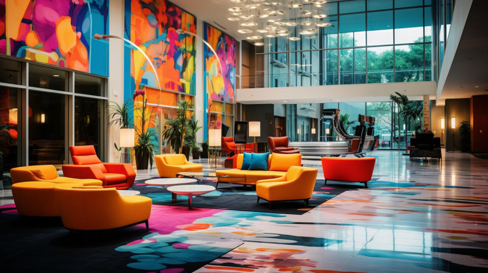 A hotel lobby in vibrant colors, reflecting the hospitality and global presence of the hotel franchising company.