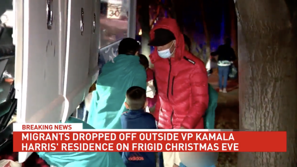 Migrants being dropped off close to Kamala Harris’s official residence (ABC 7NEWS)