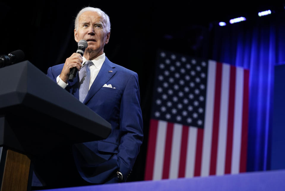 President Joe Biden speaks about abortion access during a Democratic National Committee event at the Howard Theatre, Tuesday, Oct. 18, 2022, in Washington. (AP Photo/Evan Vucci)