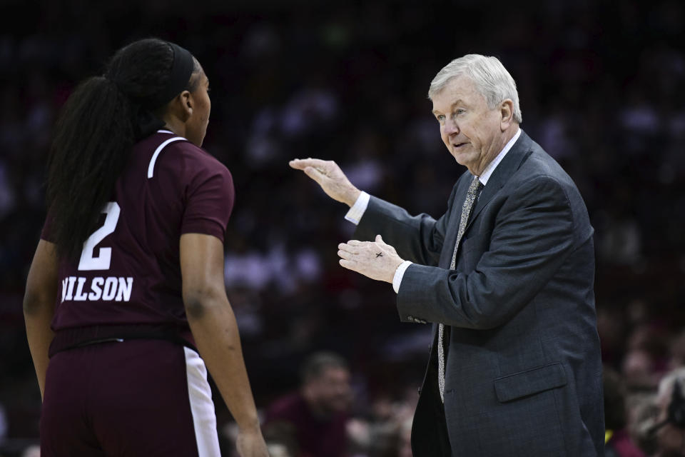 Texas A&M coach Gary Blair talks with Aaliyah Wilson (2) during the first half of an NCAA college basketball game Sunday, March 1, 2020, in Columbia, S.C. (AP Photo/Sean Rayford)