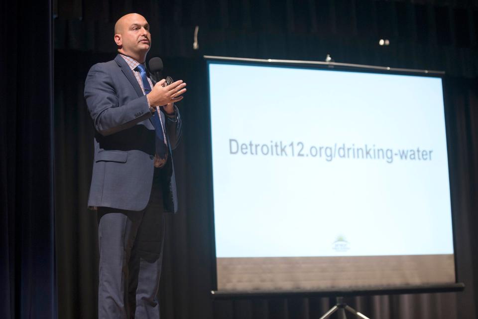 Detroit Public School Superintendent Dr. Nikolai Vitti addresses questions and concerns from students, parents and teachers about the unsafe level of lead found on Wednesday, Sept. 12, 2018 at East English Village Preparatory Academy in Detroit. Several water sources in the school were tested and unsafe levels of lead and copper were found. 