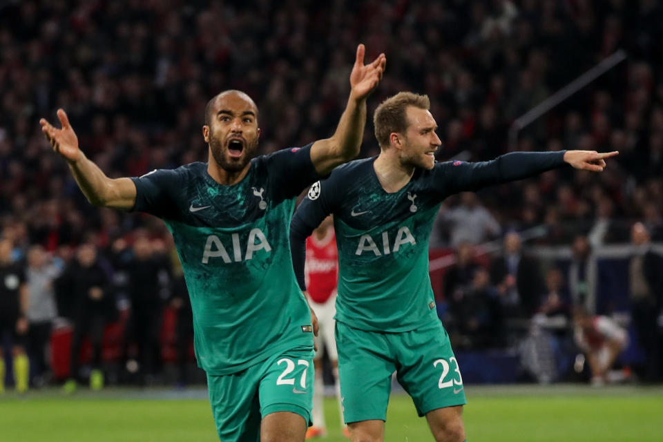 Lucas Moura celebrates for Tottenham (Photo by Matthew Ashton - AMA/Getty Images)