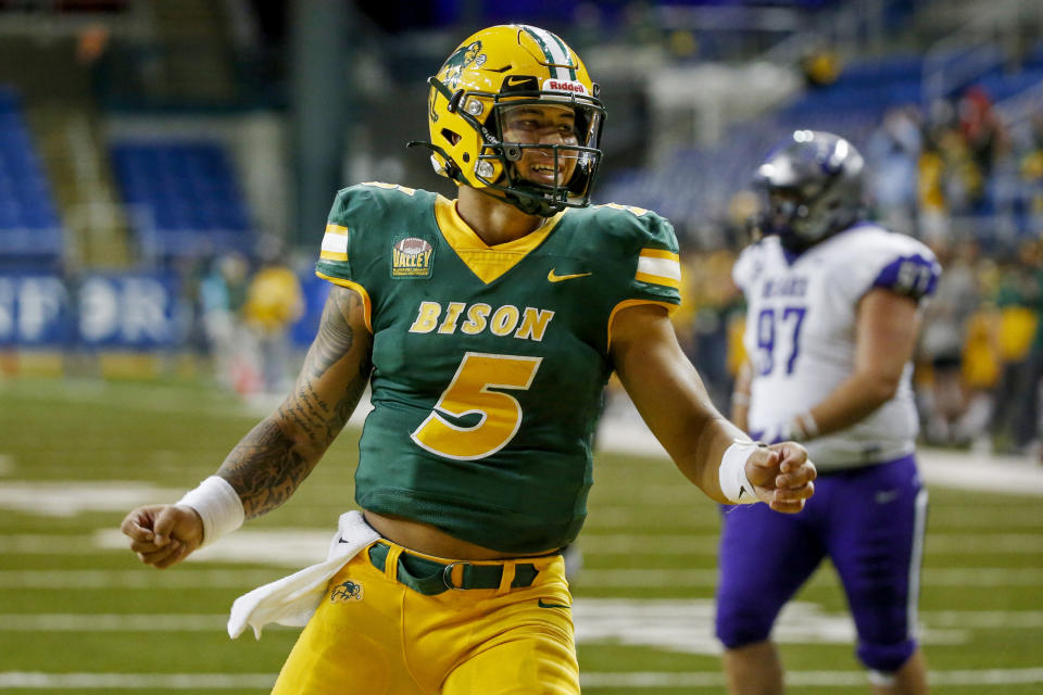 North Dakota State QB Trey Lance celebrates a touchdown run against Central Arkansas on Saturday, Oct. 3. (AP)