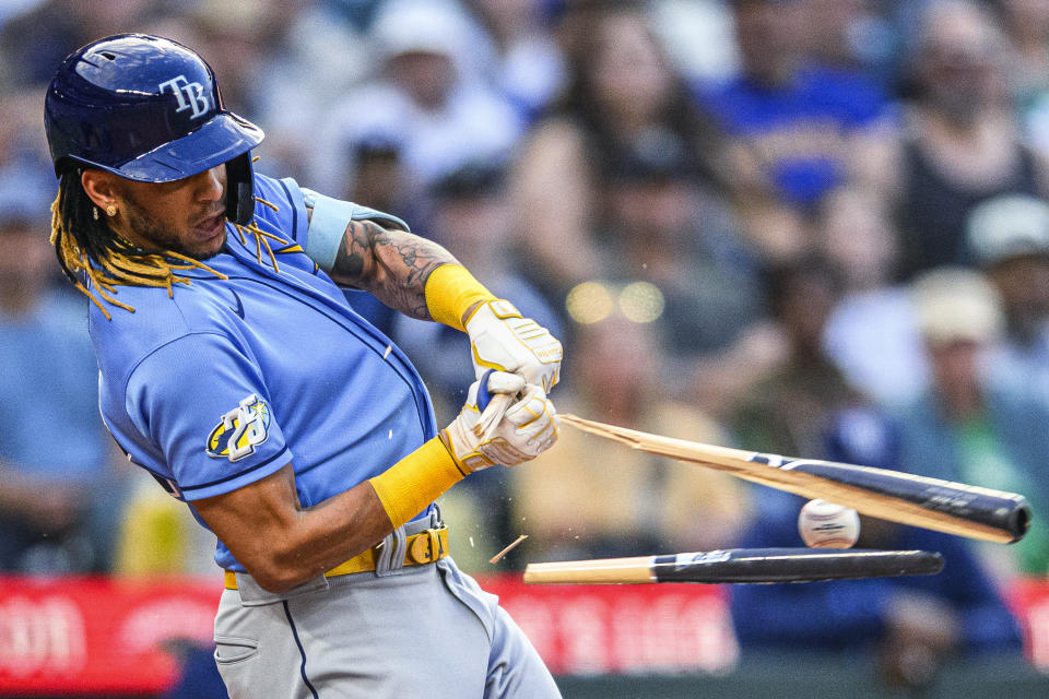 Tampa Bay Rays' Jose Siri breaks his bat as he grounds into a force out during the fourth inning of the team's baseball game against the Seattle Mariners, Friday, June 30, 2023, in Seattle. (AP Photo/Caean Couto)